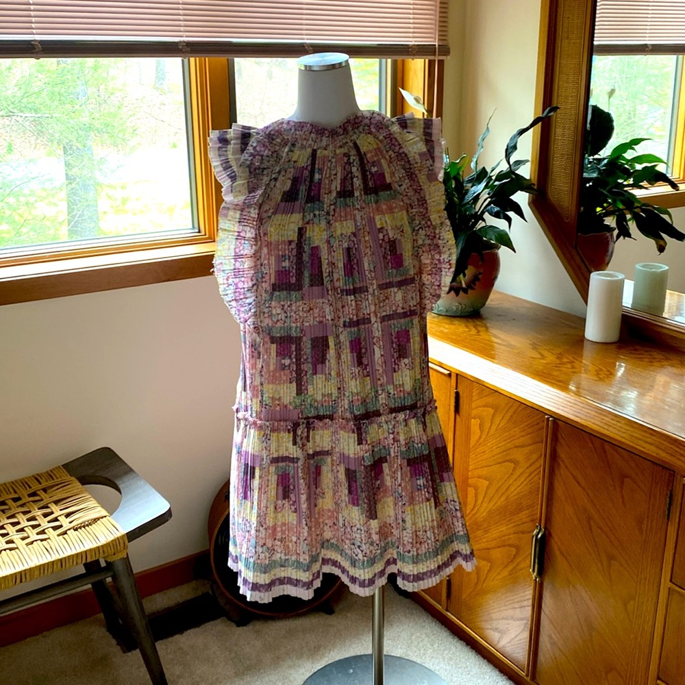 SEA NY Fully lined cotton trapeze dress with pockets and mini pleats size M